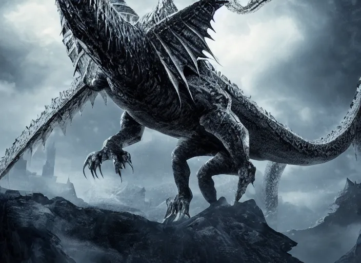 Image similar to giant ice dragon attacking an ancient castle, highly detailed, 4 k, hdr, award - winning, directed by zack snyder, trending on art station, matte