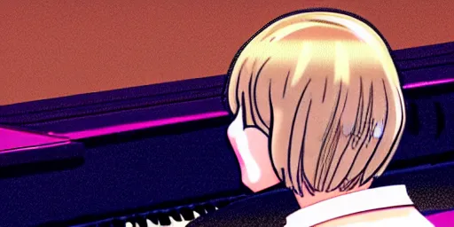 Image similar to kaede akamatsu, a japanese young woman, playing the piano to an adoring crowd, blonde hair with an ahoge and side bangs, expert pianist, beautiful scene, concert photography, recital