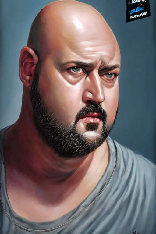 Image similar to chonky ethan van sciver with a bald head, grey trimmed beard, pointed nose, ethan van sciver, striking hyper real painting, comic book style portrait painting, greg rutkowski, wlop, charlie bowater