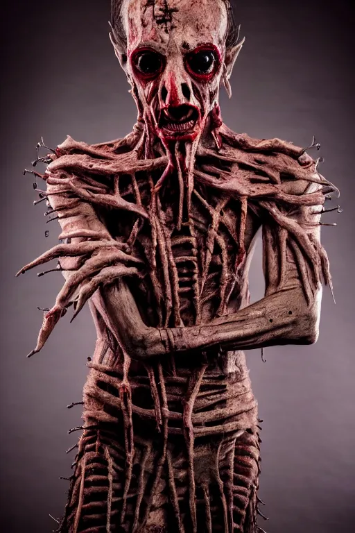 Prompt: dressed senobith, symmetrical, cinematic, elegant, dark atmosphere, professional studio light, real dlsr photography, costume made by clive barker, real rotten flesh and blood, 4 k, ultra hd, sense of awe