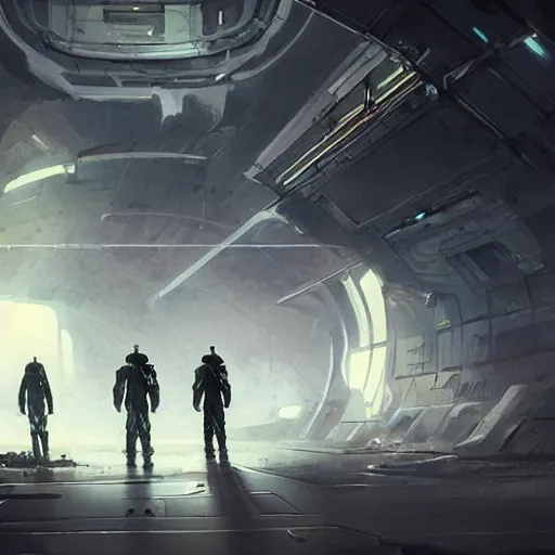 Prompt: concept art by greg rutkowski, three people wearing futuristic space gear, exploring the interior of an abandoned space station, brutalist futuristic interior, dark lighting atmosphere, detailed portraits, scary atmosphere, scifi, digital painting, artstation, concept art, smooth, sharp foccus ilustration, artstation hq