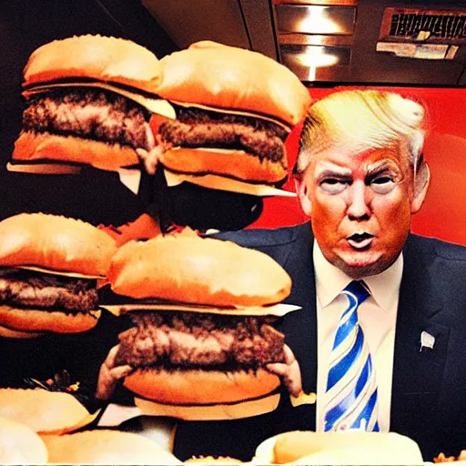 Image similar to Donald trump sitting on a pile of hamburgers in a bank vault, AP photography