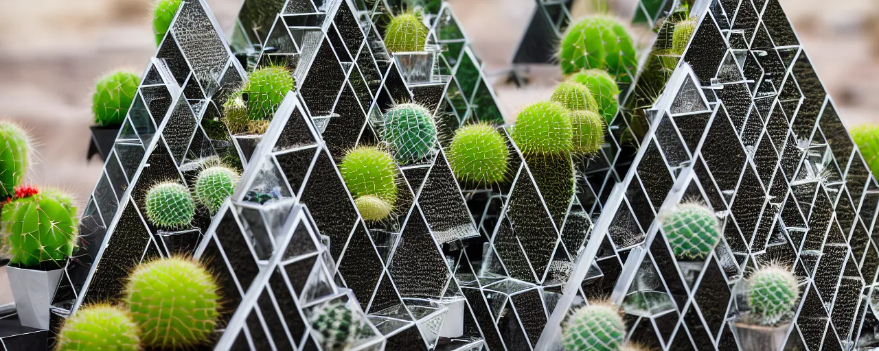 Prompt: electrostatic water condensation collector pyramid, irrigation, vertical gardens, cacti, in the desert, urban planning, futurism, concept art, XF IQ4, 150MP, 50mm, F1.4, ISO 200, 1/160s, natural light