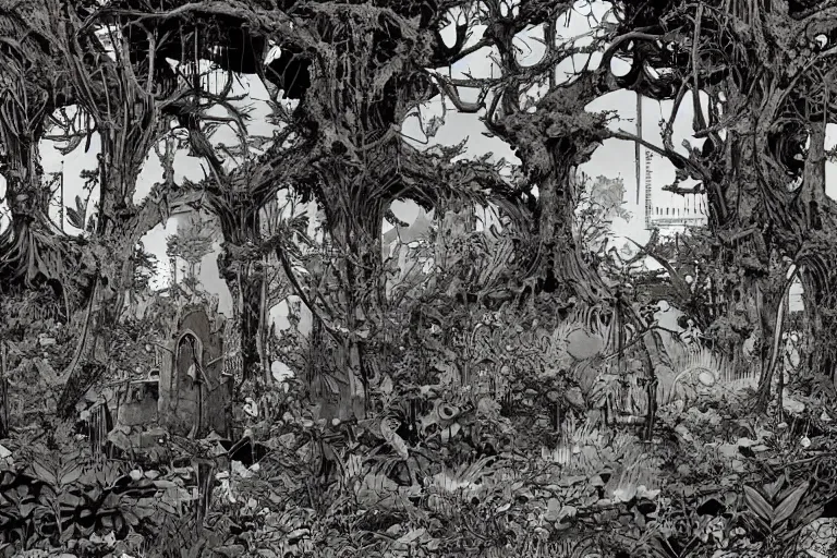 Image similar to abandoned overgrown graveyard, shadowy figures, spiny giant plants bursting through them, surreal, very coherent, intricate design, painting by Laurie Greasley, part by Yoji Shinkawa, part by Norman Rockwell