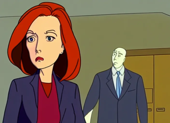 Image similar to an animation still of dana scully, in the style of studio ghibli, netflix animation, toei animation, filmation animation, traditional animation, sharp detail, animation cel