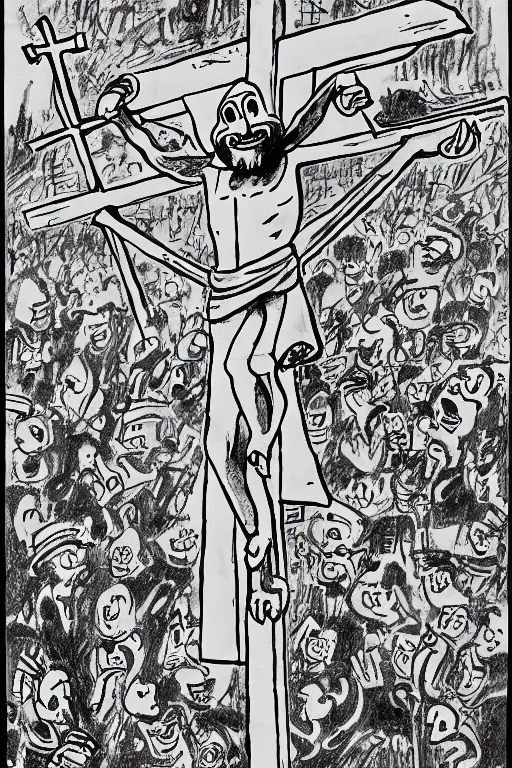 Image similar to steamboat willie crucified on a cross, drawn by Walt Disney