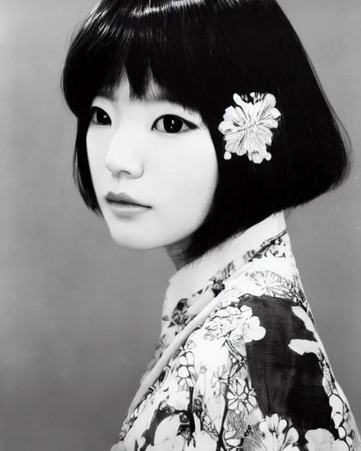 Image similar to photo of a trendy japanese woman with bangs in 1966, wearing an open kimono, artistic, black and white