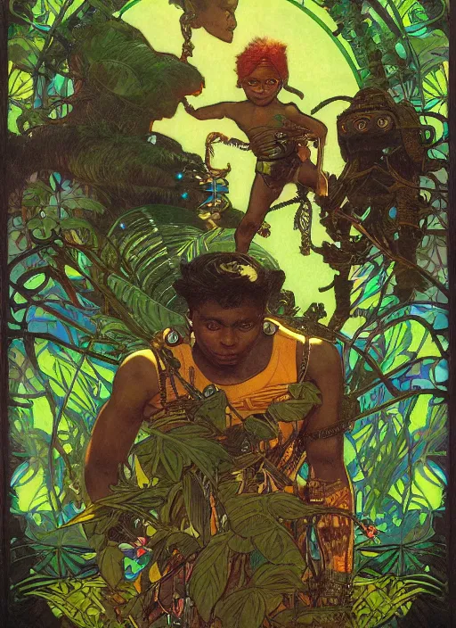 Image similar to portrait of a little epic cyborg warrior boy character with dark skin and a big robot tiger at his side in the middle of a lush jungle. diffuse neon light, dramatic landscape, fantasy illustration, matte painting by mucha