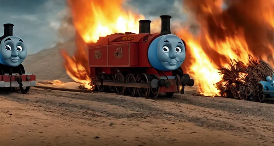 Prompt: still frame of Thomas the Tank Engine with fire in MAD MAX: FURY ROAD (2015)