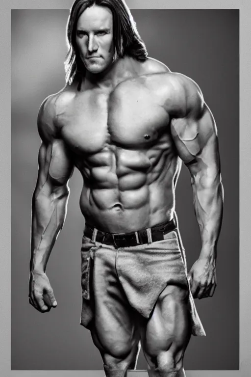 Image similar to Matthew Mercer is a jacked muscle builder gigachad, grayscale photography, Critical Role, Raised eyebrow