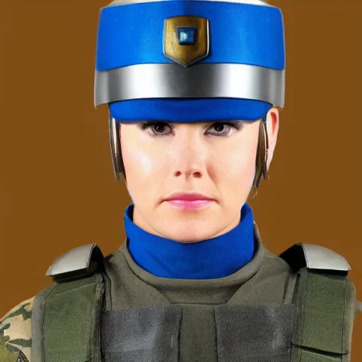 Image similar to a futuristic soldier captain with a metal visor and a blue shoulderpad