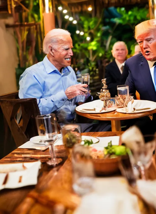 Image similar to Trump and Biden having dinner at a fancy Balinese restaurant, award winning photography, sigma 85mm Lens F/1.4, blurred background, perfect faces