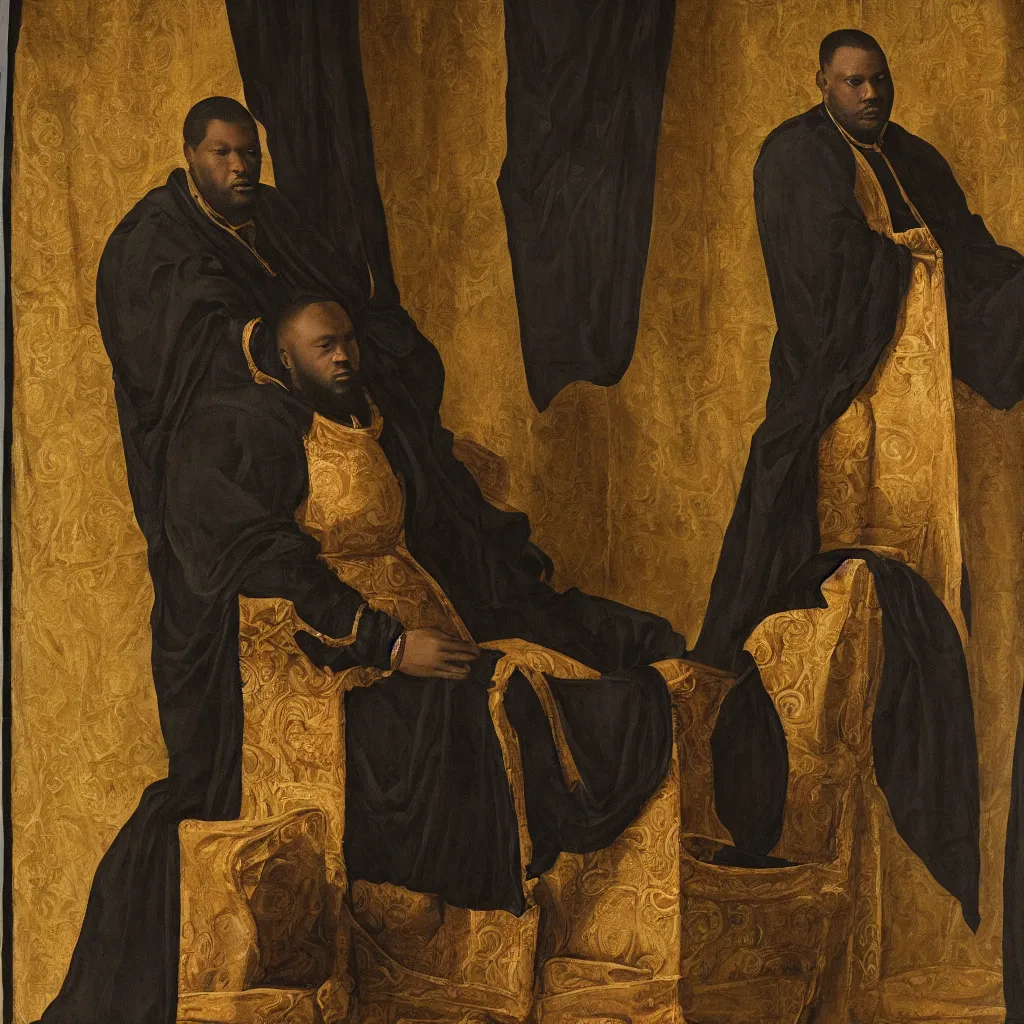 Image similar to Large black man sitting on throne wrapped in silk, background made of large folding curtains, dimly lit, dark, renaissance painting, style of carrivagio