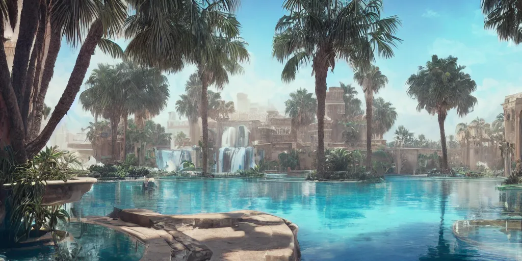 Image similar to beautiful pool waterfalls surrounded by palm trees, moroccan tile archways, industrial buildings, ivory towers, sun setting, ross tran, fantasy, james jean, peter morbacher, angelarium, alchemy, luxury, heavenly light, soft illumination, trending on artstation, cinematic lighting, digital painting, octane render, artgerm