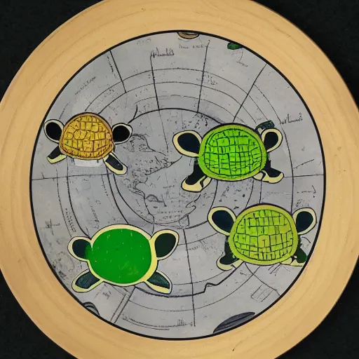 Image similar to a stack of turtles, turtles stacked beneath a round disc with a map of earth, side view