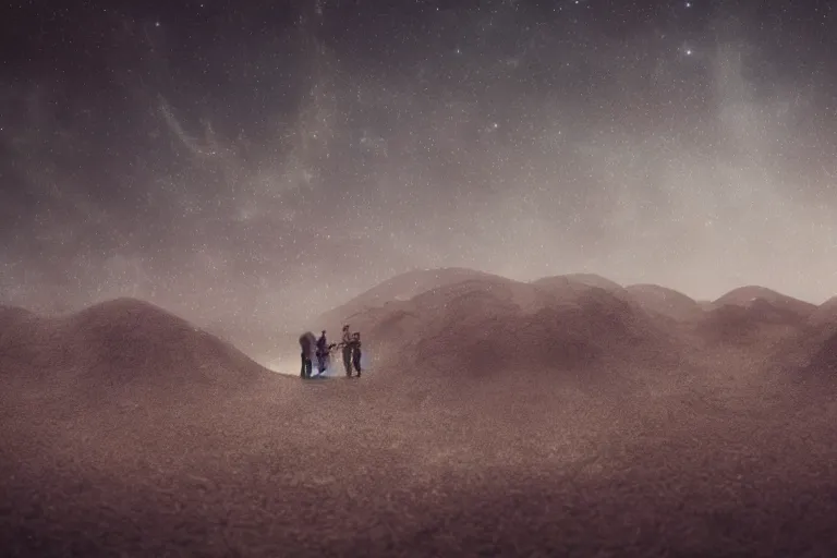 Image similar to landscape photography alien dust with a sandstorm and huge futuristic grungy industrial buildings. distant planets and galaxies in the starry space skyline. men standing and working around the area. huge sense of scale. cinematic