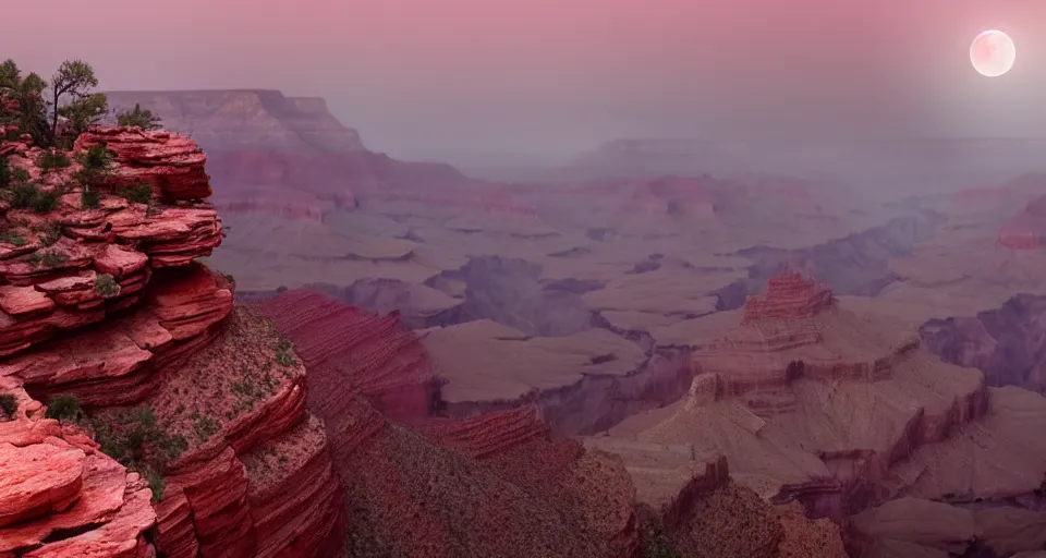 Image similar to The Grand Canyon at night during a Blood Moon Lunar Eclipse, evil, demonic, enchanting, misty, haze, clouds, angelic, flowers, nature, symmetry, environment concept, cinematic, Rendered in Octane, cgsociety, moody lighting rendered by octane engine, cinematic lighting, intricate details, 8k detail post processing, hyperealistic, photo realism, by Stephen King