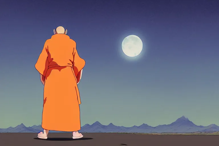 Image similar to a study of cell shaded cartoon of an android monk in an orange robe from howl's moving castle ( 2 0 0 4 ) on a desert road, in front of a big moon, full body, wide shot, very muted colors, post grunge, studio ghibli, highly detailed, deviantart, art by artgem