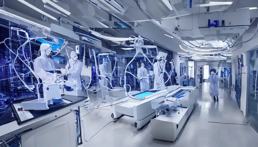 Prompt: ai machines experiment with human surgeries, future, laboratory in the year 2 1 2 1, shiny glossy white machines 8 k /