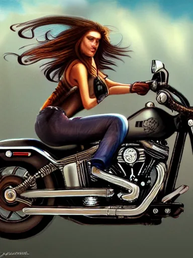 Image similar to handsome man with long hair riding a harley davidson. intricate, elegant, highly detailed, digital painting, artstation, concept art, sharp focus, illustration, by justin gerard and artgerm, 8 k