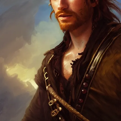 Image similar to portrait of a young pirate, 30 years old, male, rugged, masculine, handsome, upper body, red hair, long hair, D&D, fantasy, intricate, elegant, highly detailed, cinematic lighting, digital painting, artstation, concept art, cutscene, sharp focus, illustration, art by Artgerm and Greg Rutkowski and Alphonse Mucha