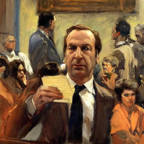 Prompt: saul goodman defending a case in court, painting by dean cornwell