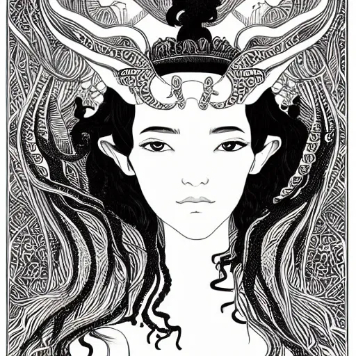 Prompt: filigree detailed illustration of a profile of gypsy girl with long curly hair and big goat horns, aubrey beardsley, tomer hanuka, makoto shinkai