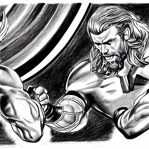 Prompt: a highly detailed drawing of Thor beating captain America in a arm wrestling match