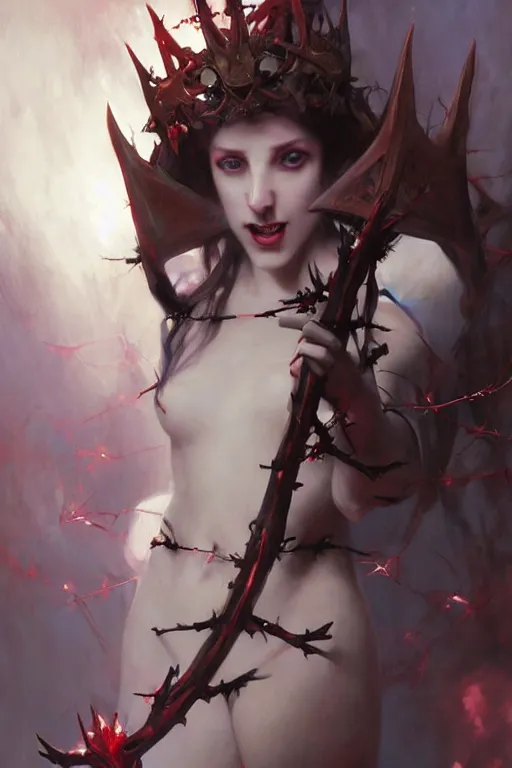 Image similar to Portrait of beautiful pale laughing succubus maiden with crown of thorns and glowing energy eyes, Warhammer 40000, digital art from artstation by Ruan Jia and Mandy Jurgens and Artgerm and william-adolphe bouguereau