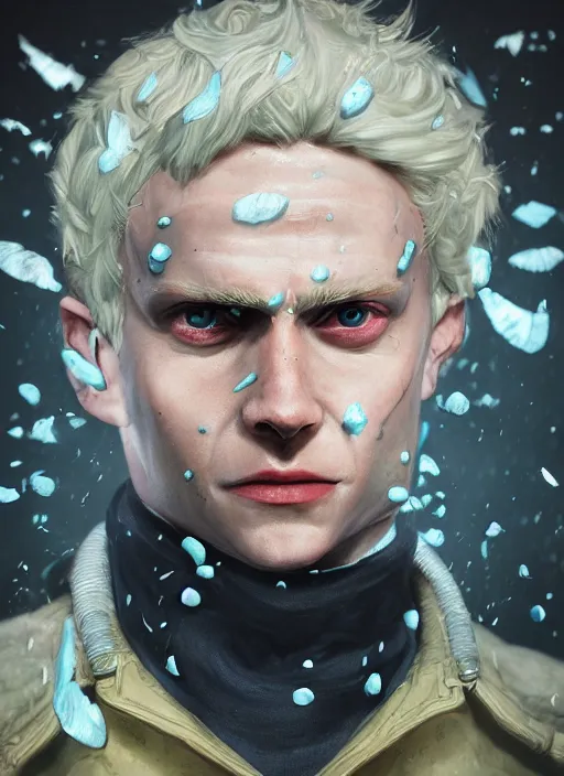 Image similar to An epic fantastic realism comic book style portrait painting of Lucius the most beautiful pale blond man in the universe, flowers rain everywhere, fisheye lens, Apex Legends Concept Art, porcelain, unreal 5, DAZ, hyperrealistic, octane render, cosplay, RPG portrait, dynamic lighting