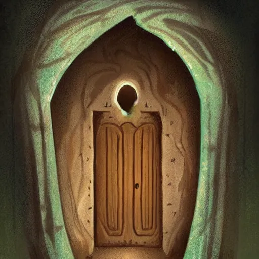 Prompt: a fantasy illustration of a cave door with elvish writing around the door