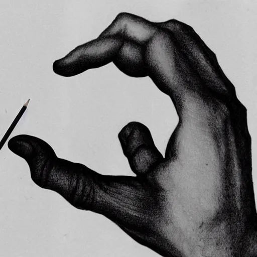 Image similar to M.C. Escher two hands drawing each other with a pencil, with the illusion of being real arms on the edge of the pages