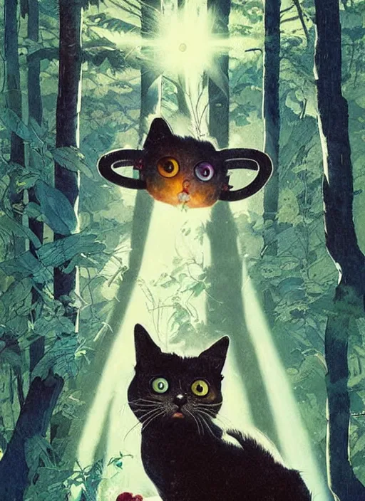 Image similar to a hyper realistic ink cat alien technology and sunbeams blue sky, lush forest foliage painting by chiara bautista and norman rockwell and greg rutkowski weta studio, and lucasfilm