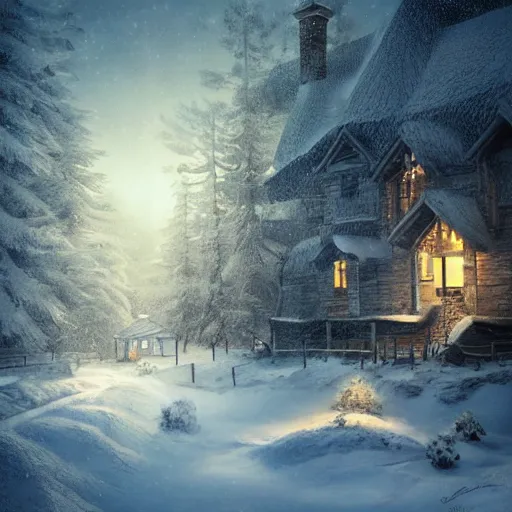 Image similar to snowy landscape with santa's house in night forest, warm light coming from the window and reflects on the snow. digital art, artstation, high details, trending, behance, by wlop, luis royo, artgerm