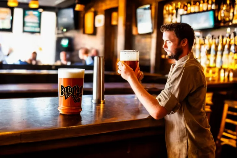 Prompt: a anthropomorphic pint of beer, who is a customer, waits to be served by a bartender