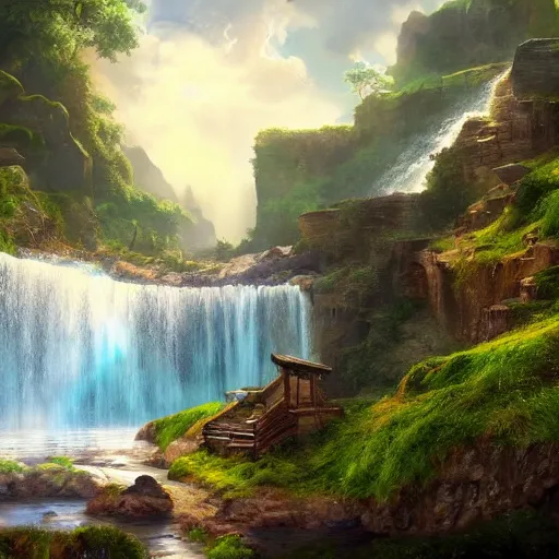 Prompt: landscape with waterfalls and stunning light and cheerful colors, epic composition, cinematic lighting, masterpiece, trending on artstation, very very detailed, masterpiece, stunning