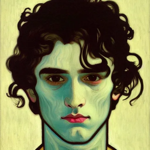 Image similar to painting of young cute handsome beautiful dark medium wavy hair man in his 2 0 s named shadow taehyung at the halloween matcha party, somber, depressed, melancholy, sad, elegant, clear, painting, stylized, delicate, soft facial features, delicate facial features, soft art, art by alphonse mucha, vincent van gogh, egon schiele