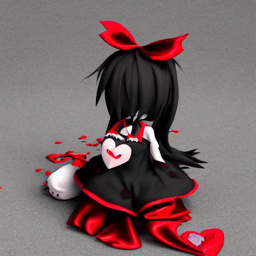 Prompt: cute fumo plush of a void imp who crawled out a hole in reality, anime girl, black and red, green ribbon and heart, ruffled and tattered dress, symmetry, gothic, vray