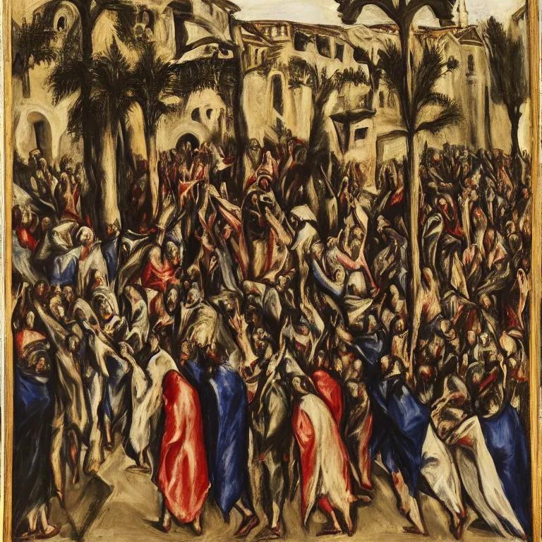 Image similar to A Holy Week procession in a lush Spanish village at night. A person at the front holds a cross. El Greco.