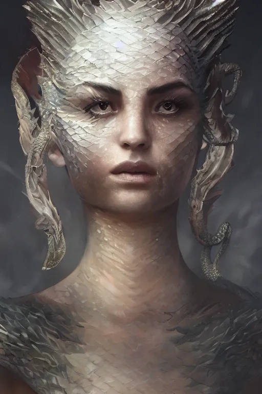 Image similar to a fancy portrait of an attractive hybrid women with dragon scales by Greg Rutkowski, Sung Choi, Mitchell Mohrhauser, Maciej Kuciara, Johnson Ting, Maxim Verehin, Peter Konig, final fantasy , mythical, 8k photorealistic, cinematic lighting, HD, high details, atmospheric,