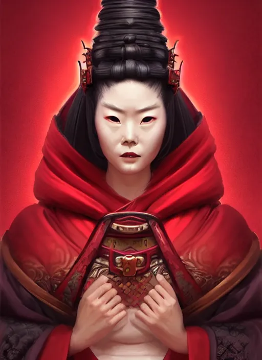 Image similar to portrait of a deadly samurai queen in blood red robes, hyperborea lemuria, legendary, pixar doll decollete deep focus, d & d, fantasy, intricate, elegant, highly detailed, digital painting, artstation, concept art, matte, sharp focus, illustration, hearthstone, art by rhads by artgerm and greg rutkowski and alphonse mucha