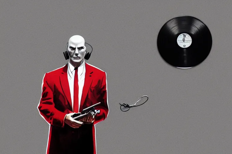 Image similar to a portrait of agent 4 7 from hitman wearing headphones and putting a vinyl record onto a turntable, dark background, red rim light, digital art, artstation, concept art by giger stalenhag