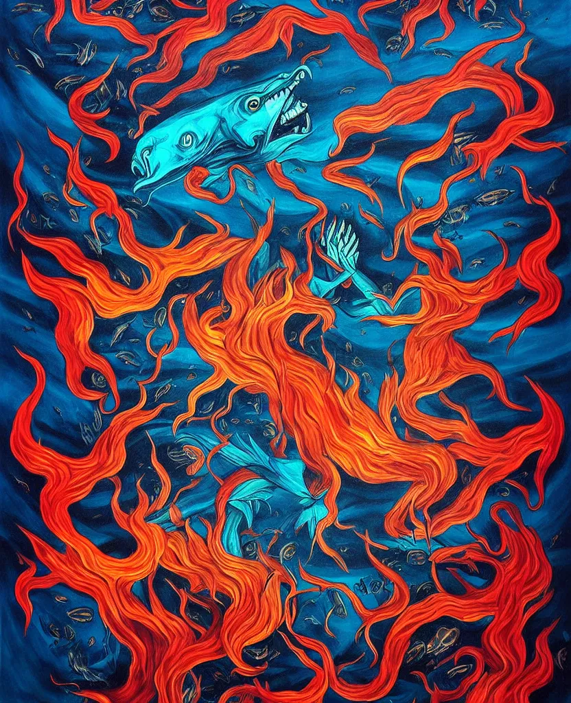 Prompt: wild emotional creatures repressed in the deep sea of unconscious of the psyche, about to rip through and escape in a fiery revolution, painted by ronny khalil