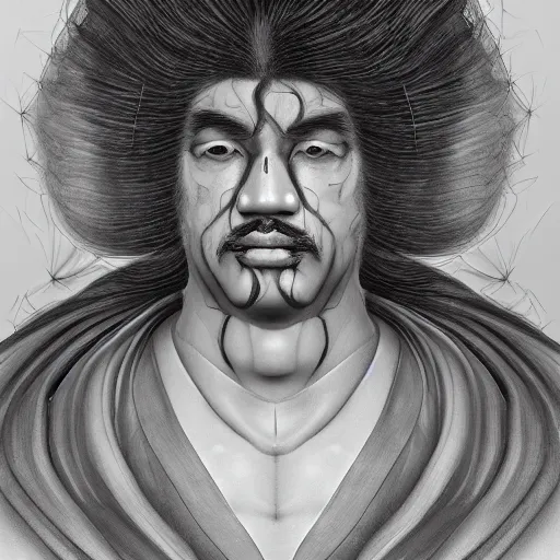 Image similar to a highly detailed radiosity 3d render of a man's face with long hair in kimono, an airbrush painting by David Alfaro Siqueiros, featured on pixiv, metaphysical painting, airbrush art, grotesque, wiccan, unreal engine 5, unreal engine, cryengine