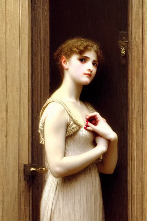 Prompt: girl in thought by auguste toulmouche and bouguereau, bright light, perfect detailed eyes, beautiful hands, pale skin, blonde hair, leaning on door