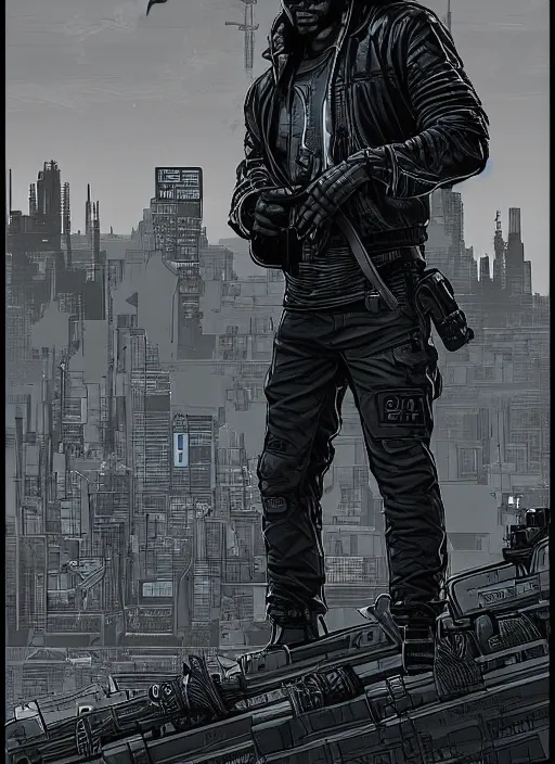 Image similar to Dumb Bubba. Buff cyberpunk meathead trying to intimidate a hacker. Realistic Proportions. Concept art by James Gurney and Laurie Greasley. Moody Industrial skyline. ArtstationHQ. Creative character design for cyberpunk 2077.