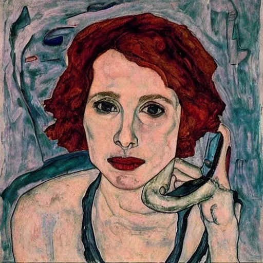 Image similar to Julie Delpy in a free jazz band, portrait, by Egon Schiele