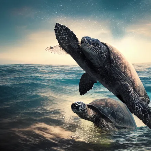 Image similar to a photograph of a turtle riding on a whale, 8 k resolution, trending on artstation, mystical, fantasy,