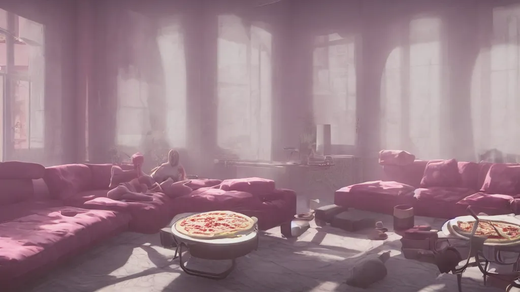 Image similar to pizza party on vintage pink velour sofa, crowd, white walls, daytime, soft light through blinds, particles, unreal 5, detailed, volumetric lighting, concept art, michelangelo, cinematic, 3 5 mm lens, 4 k