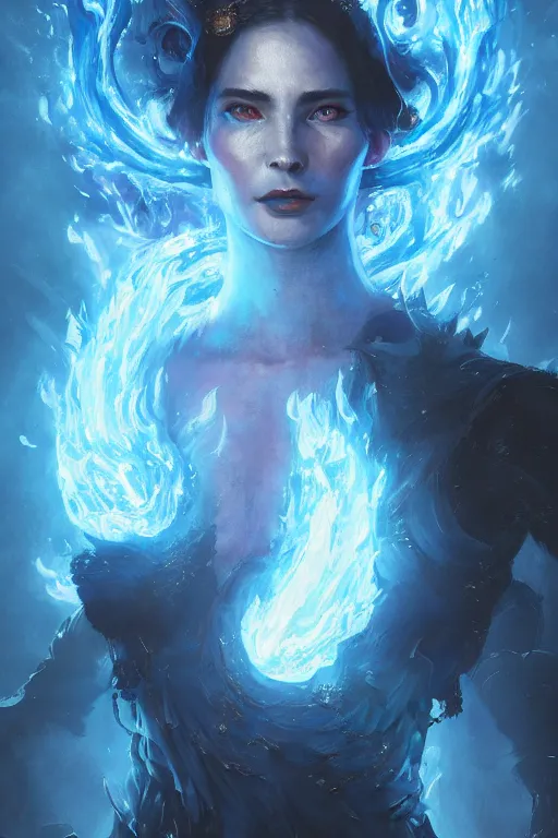 Image similar to a fancy portrait of a goddess women controling deep blue flames by Greg Rutkowski, Sung Choi, Mitchell Mohrhauser, Maciej Kuciara, Johnson Ting, Maxim Verehin, Peter Konig, Bloodborne , 8k photorealistic, cinematic lighting, HD, high details, atmospheric , trending on artstation